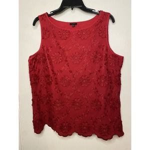 Talbots Women's Sleeveless Top Blouse Red Embroidered Floral Size Large